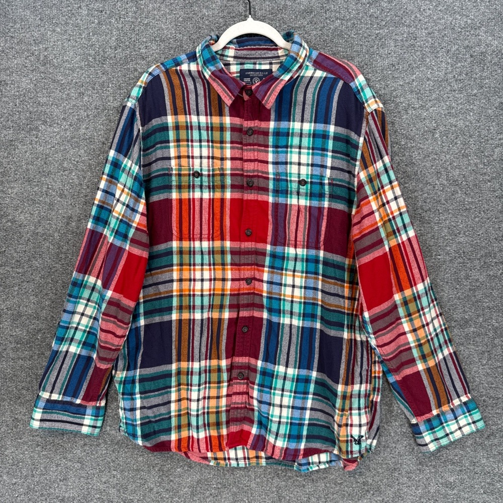 American Eagle Flannel Shirt Mens XXL Multi Color Plaid Prep Fit Button Front